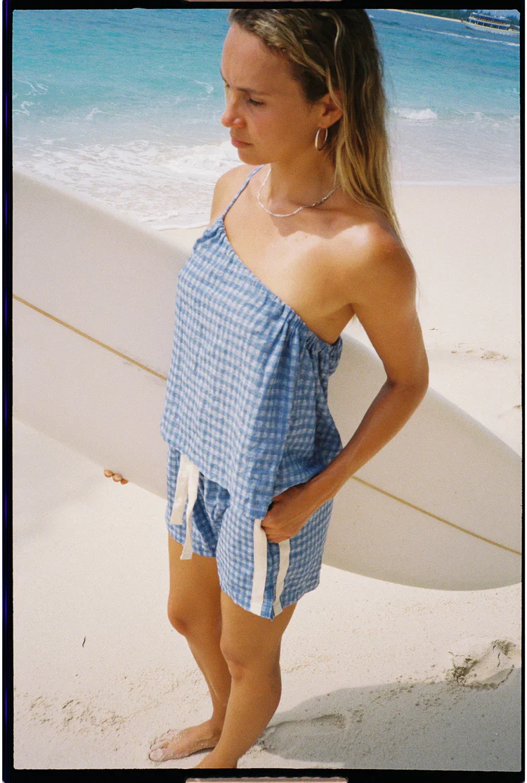 One Shoulder Tie Top - Blue Gingham - Image 3