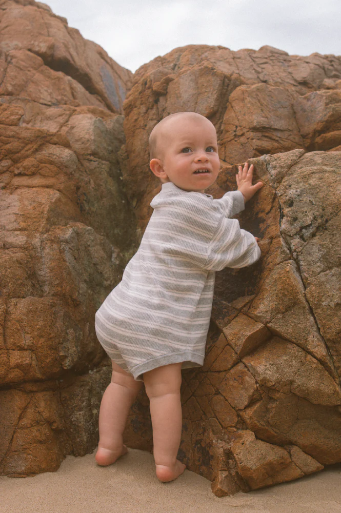 Organic Ribbed Stripe Knit Romper - Grey Marle/Brownie - Image 3